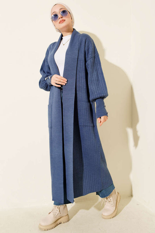 Shawl Collar Knitted Cardigan with Buttoned Sleeves in Indigo