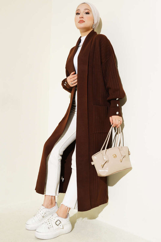 Cardigan en maille à col châle et manches boutonnées, marron