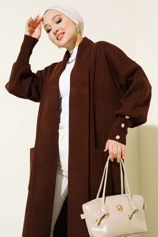 Cardigan en maille à col châle et manches boutonnées, marron