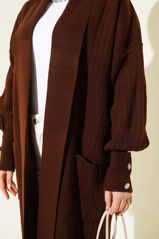 Cardigan en maille à col châle et manches boutonnées, marron