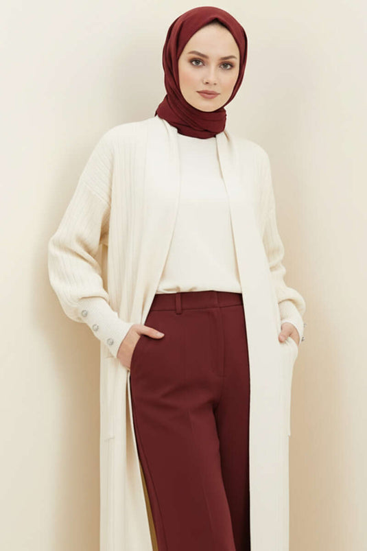 Shawl Collar Knitted Cardigan with Buttoned Sleeves, Cream