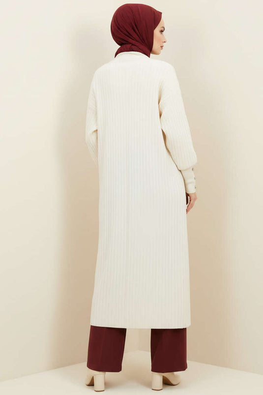 Shawl Collar Knitted Cardigan with Buttoned Sleeves, Cream