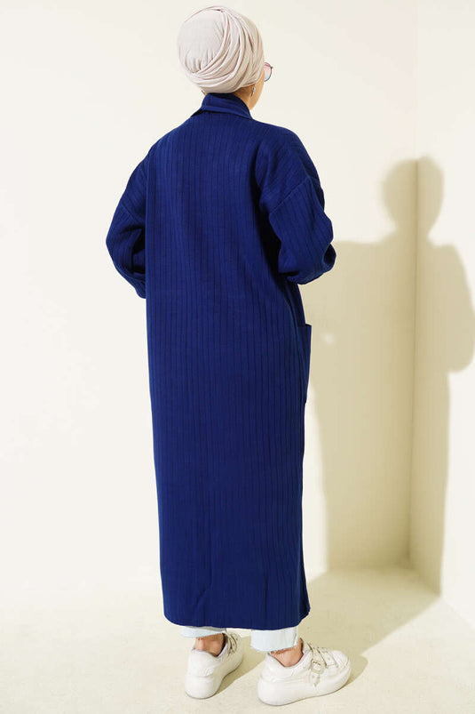 Shawl Collar Knitted Cardigan with Buttoned Sleeves, Navy Blue