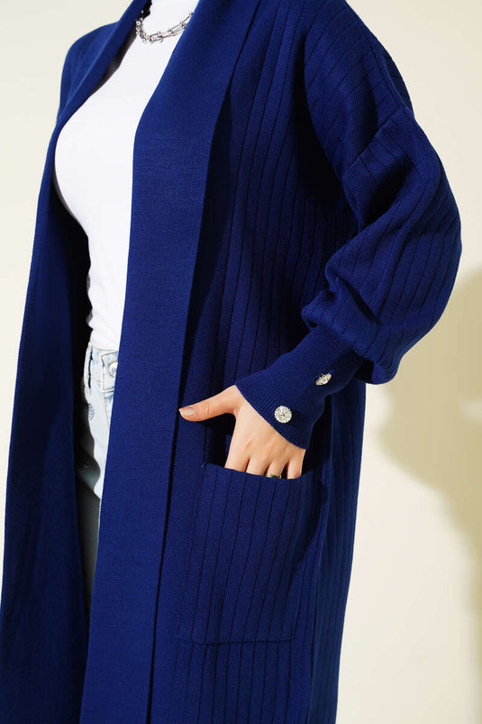 Shawl Collar Knitted Cardigan with Buttoned Sleeves, Navy Blue
