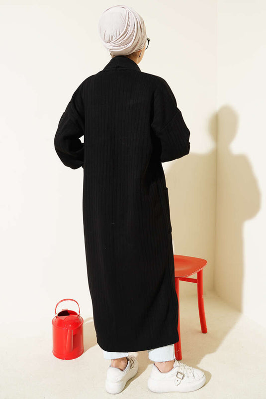 Cardigan tricoté à col châle et manches boutonnées, noir