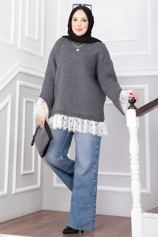 Anthrazit Strickpullover Mit Spitzenabschluss An Den Bündchen