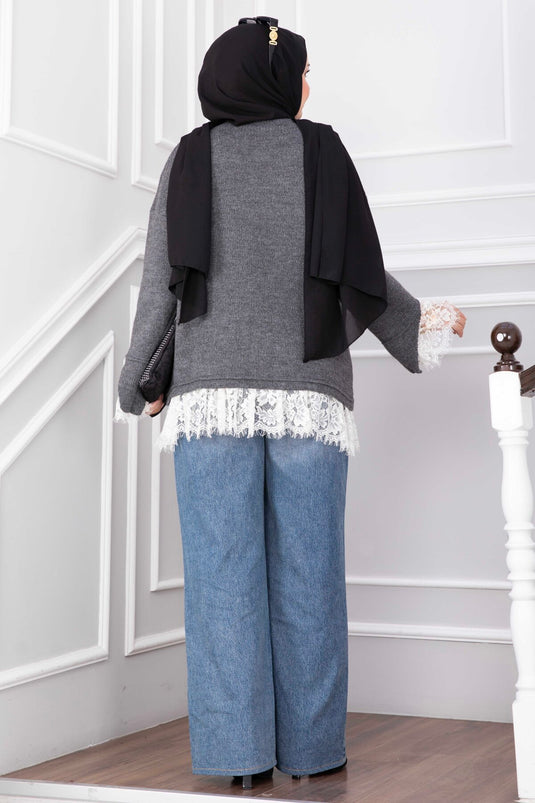 Anthrazit Strickpullover Mit Spitzenabschluss An Den Bündchen