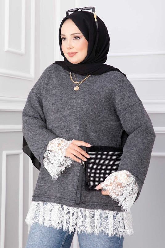 Anthrazit Strickpullover Mit Spitzenabschluss An Den Bündchen