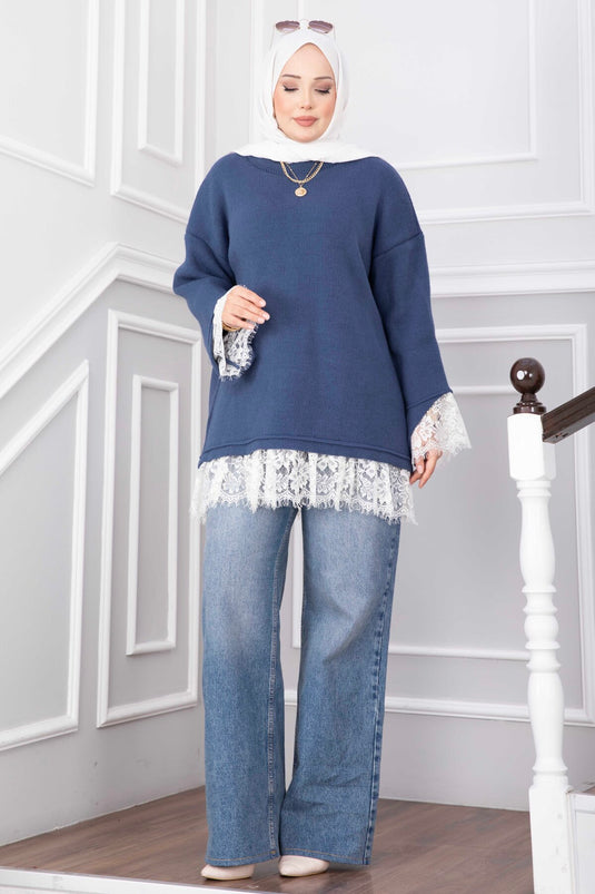 Indigo Strickpullover Mit Spitzenabschluss An Saum Und Bündchen