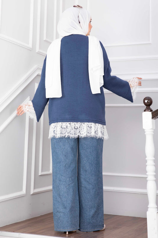 Indigo Strickpullover Mit Spitzenabschluss An Saum Und Bündchen