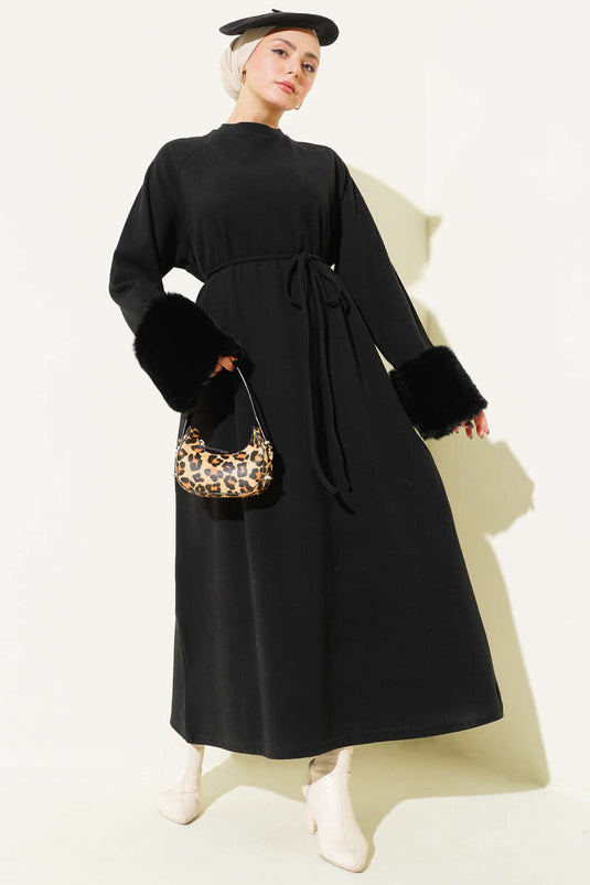 Black Corduroy Dress with Fur Cuffs