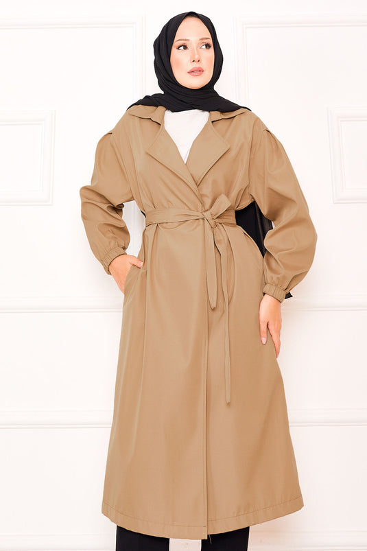 Kol Ucu Lastikli Seyyar Kuşaklı Tesettür Trenç Camel