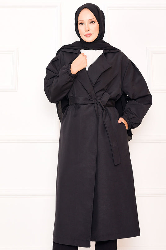 Kol Ucu Lastikli Seyyar Kuşaklı Tesettür Trenç Siyah
