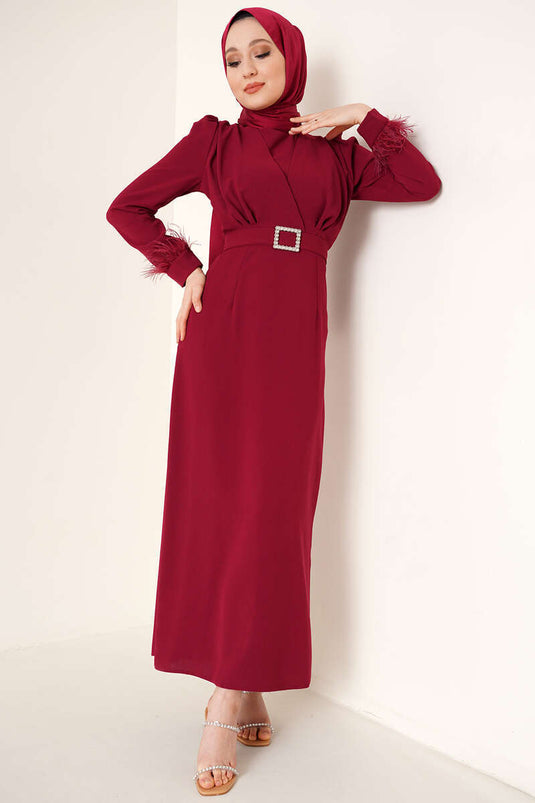 Burgundy Dress with Feathered Sleeves and Belt