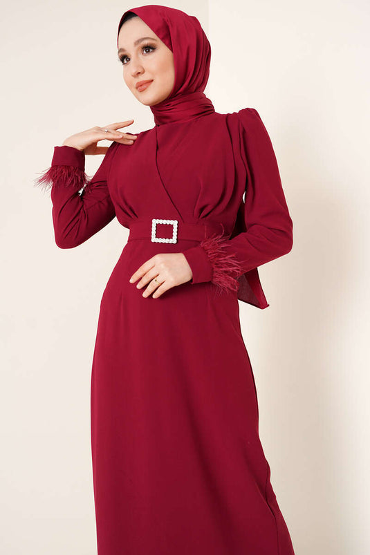Burgundy Dress with Feathered Sleeves and Belt