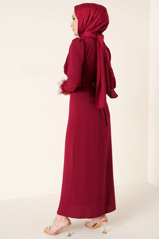 Burgundy Dress with Feathered Sleeves and Belt