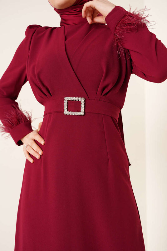 Burgundy Dress with Feathered Sleeves and Belt