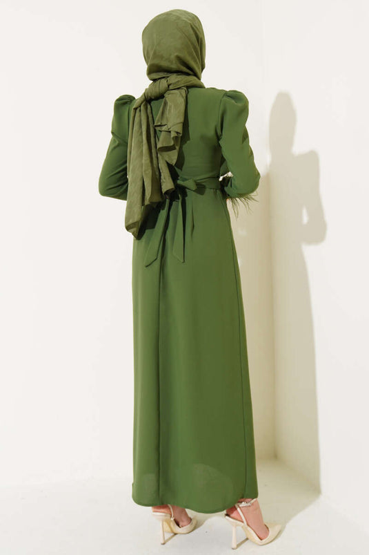 Kol Ucu Tüylü Kemerli Elbise Haki