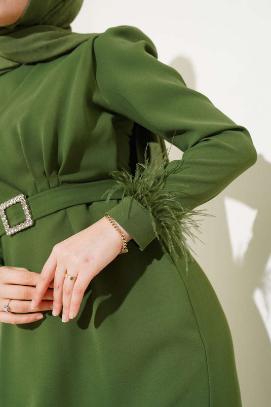 Kol Ucu Tüylü Kemerli Elbise Haki