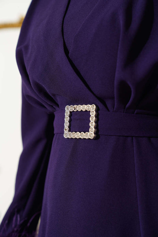 Kol Ucu Tüylü Kemerli Elbise Menekşe