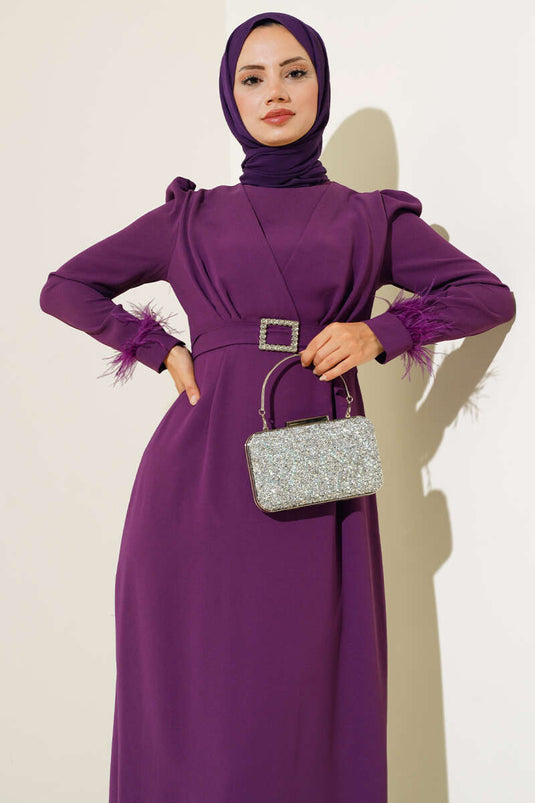 Sleeved Dress with Feathered Belt Purple