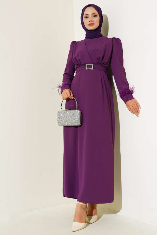 Sleeved Dress with Feathered Belt Purple