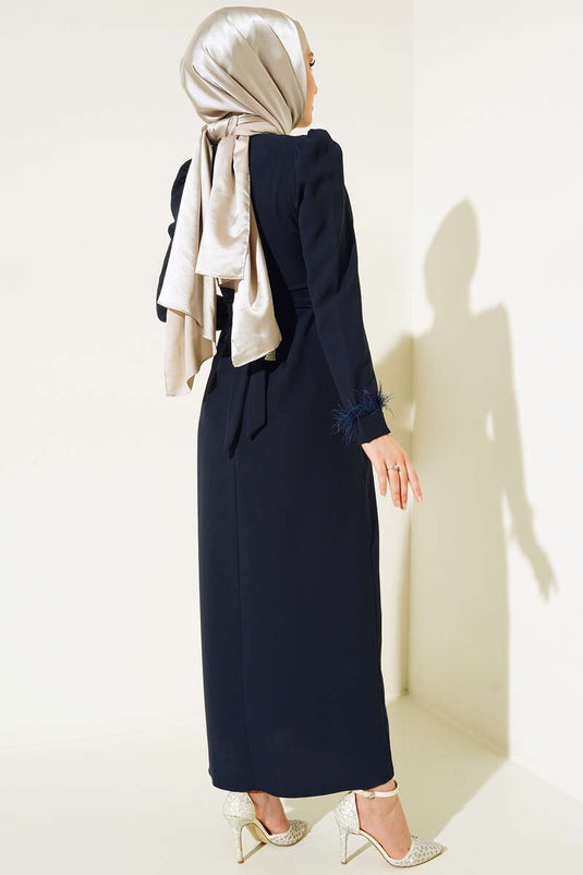 Sleeved Feathered Belted Dress in Purple