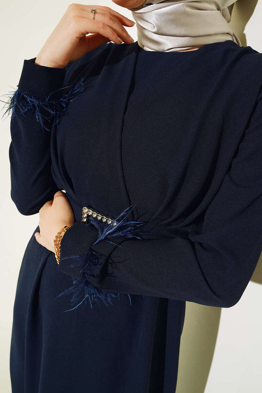 Sleeved Feathered Belted Dress in Purple