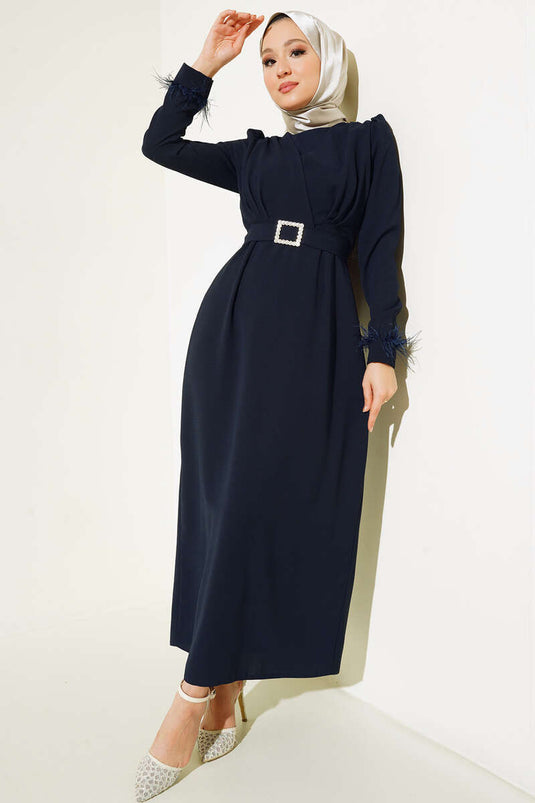 Sleeved Feathered Belted Dress in Purple