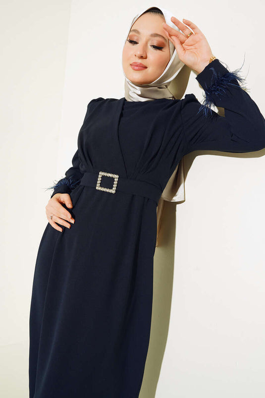 Sleeved Feathered Belted Dress in Purple