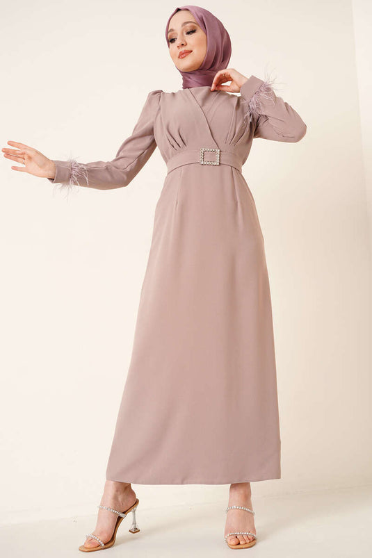 Kol Ucu Tüylü Kemerli Elbise Vizon