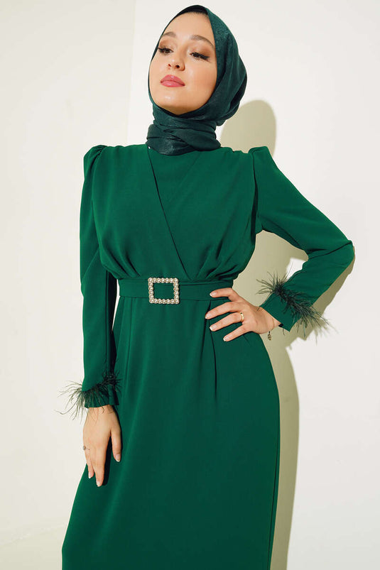 Feathered Belted Dress Green