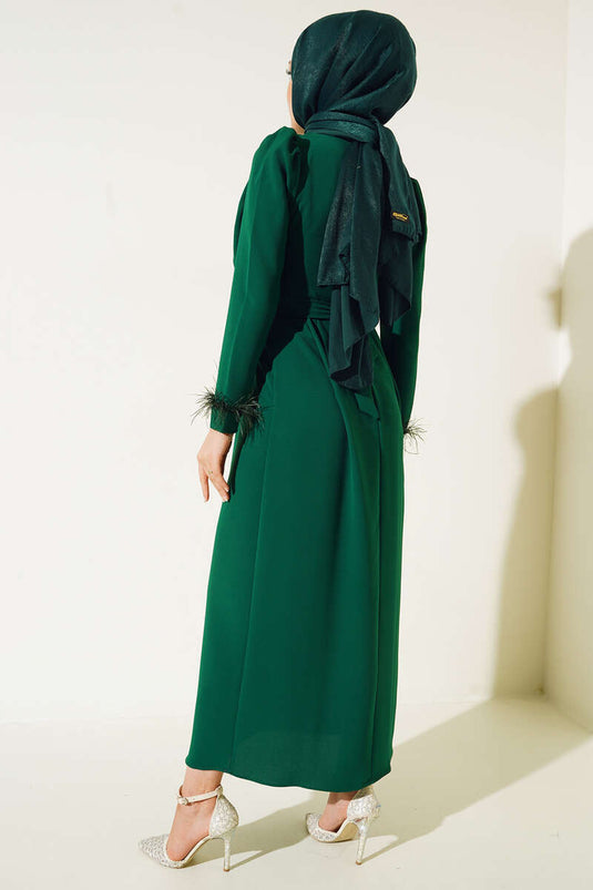 Feathered Belted Dress Green