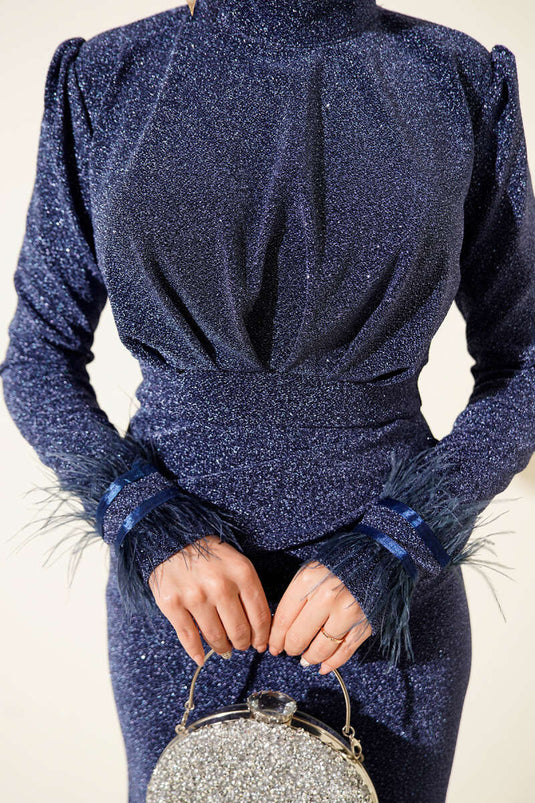 Glittery Evening Dress with Feathered Sleeves, Blue