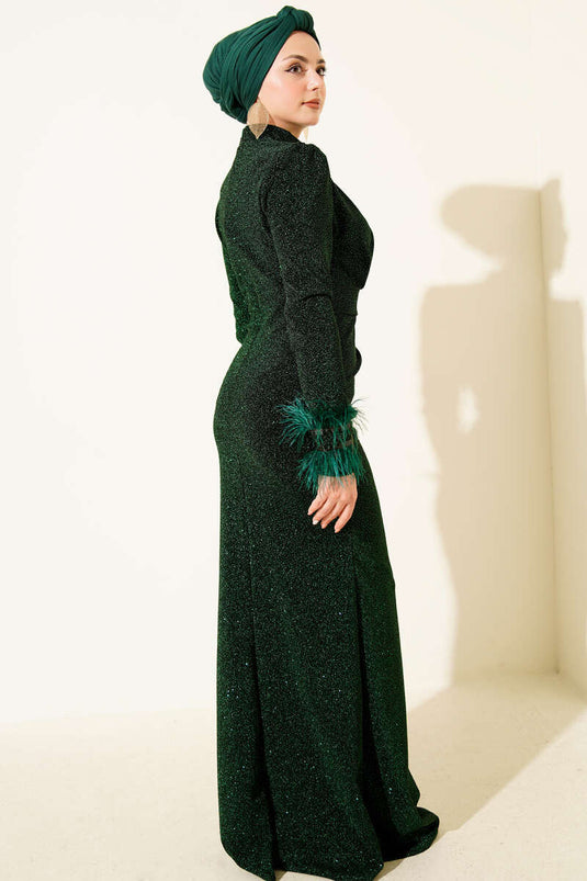 Emerald Green Evening Dress with Feathered Sleeves