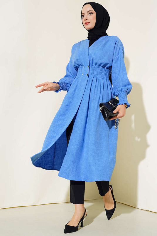 Cardigan scozzese con maniche e vita arricciata Blu