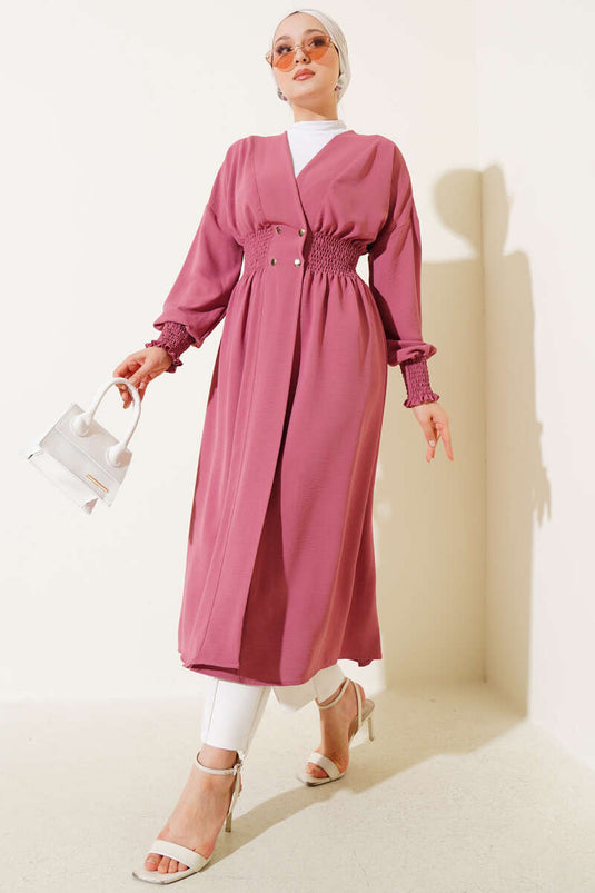 Cardigan with Gathered Sleeves and Waist Platter, Powder