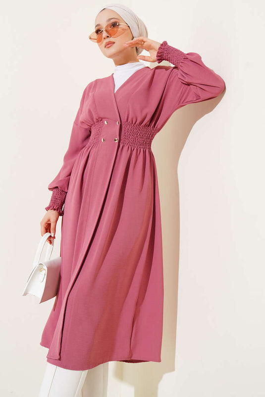 Cardigan with Gathered Sleeves and Waist Platter, Powder