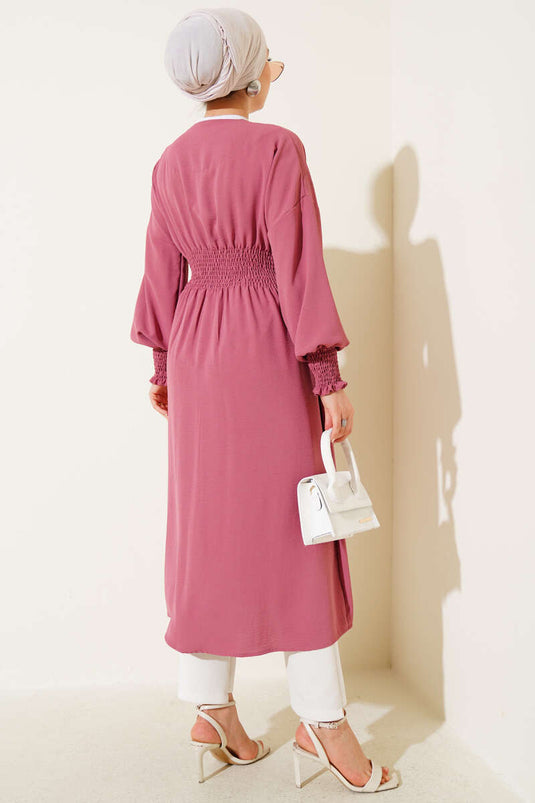 Cardigan with Gathered Sleeves and Waist Platter, Powder