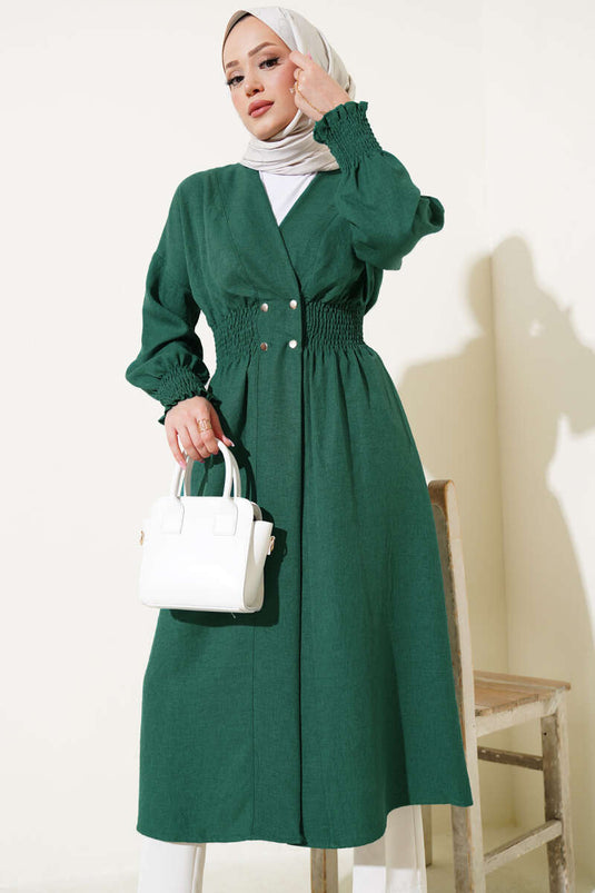 Kol and Waist Gathered Buttoned Cardigan Emerald Green