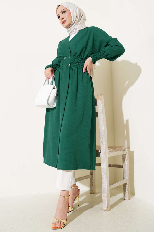 Kol and Waist Gathered Buttoned Cardigan Emerald Green