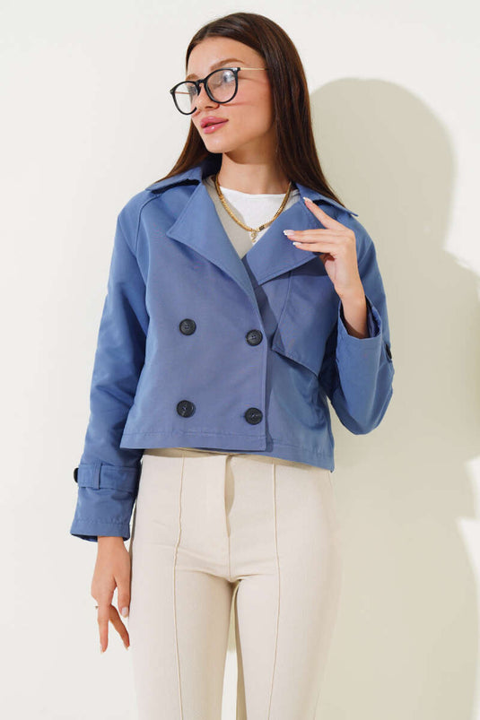 Kol ve Omuz Apoletli Kısa Ceket İndigo