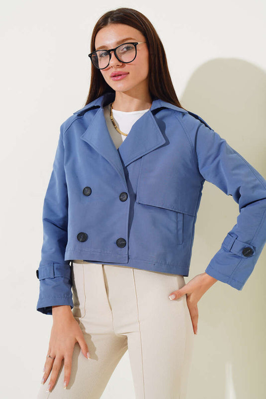 Veste courte indigo avec épaulettes aux manches et aux épaules