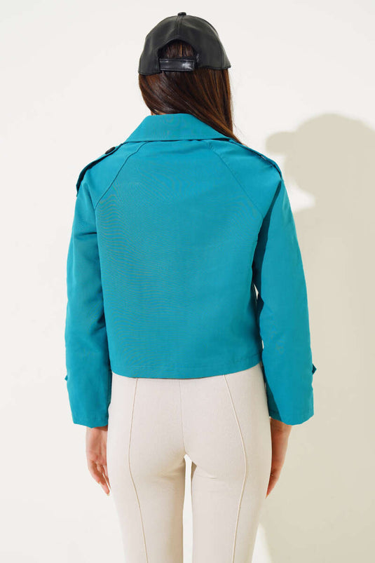 Kol ve Omuz Apoletli Kısa Ceket Petrol Yeşili