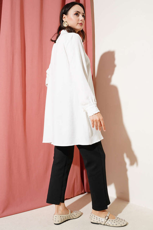 Sleeve and Collar Ruffle Detailed Shirt Ecru