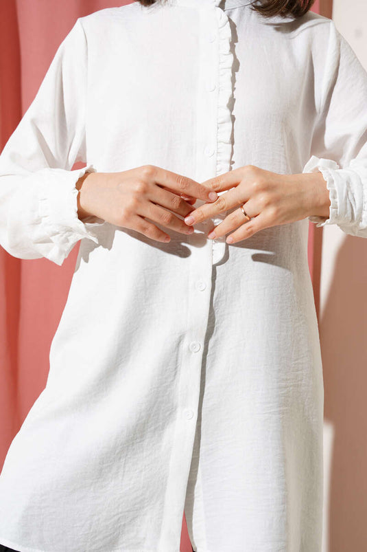Sleeve and Collar Ruffle Detailed Shirt Ecru