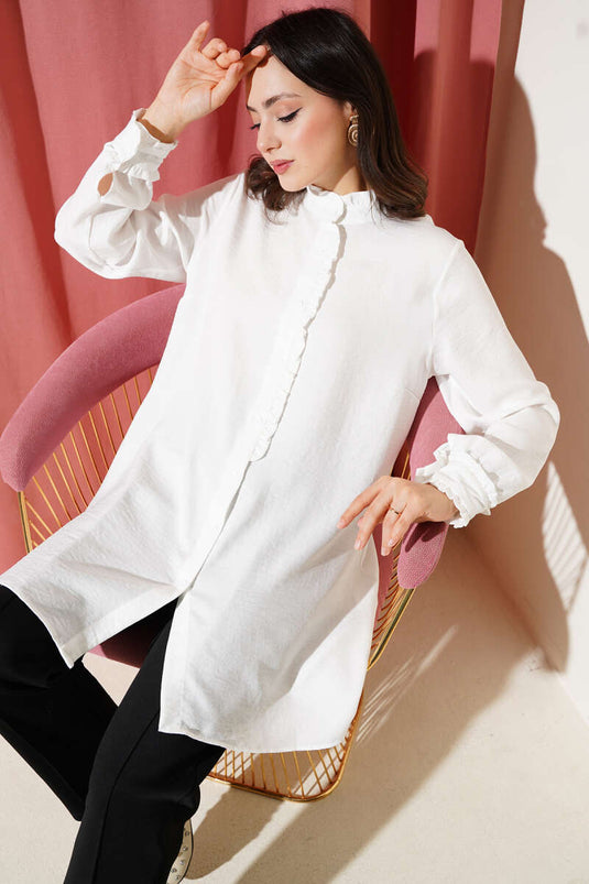 Sleeve and Collar Ruffle Detailed Shirt Ecru