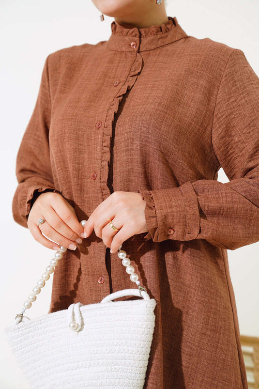 Kol ve Yaka Fırfır Detaylı Gömlek Kahve