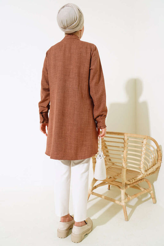 Kol ve Yaka Fırfır Detaylı Gömlek Kahve