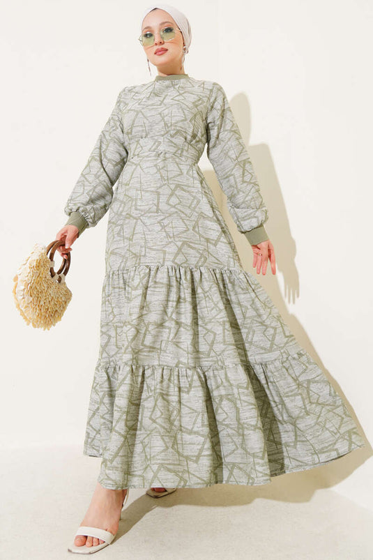 Sleeve and Collar Ribbed Patterned Dress Khaki